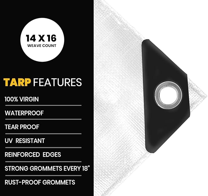 PROTARP Extra Heavy Duty 16 Mil Tarp Cover, Waterproof, UV Resistant, Rip and Tear Proof, Poly Tarpaulin with Reinforced Edges for Roof, Camping, Patio, Pool, Boat. (White 30′ X 70′)