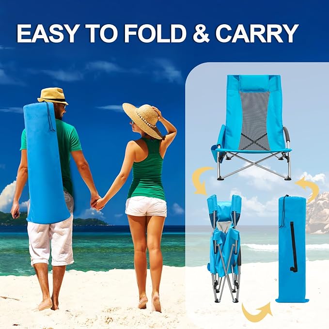 ptlsy Beach Chairs for Adults 2 Pack, High Back Folding Beach Chairs, Lightweight and Portable for Outdoor, Beach, Camping, Lawn, Music Festival, with Cup Holder
