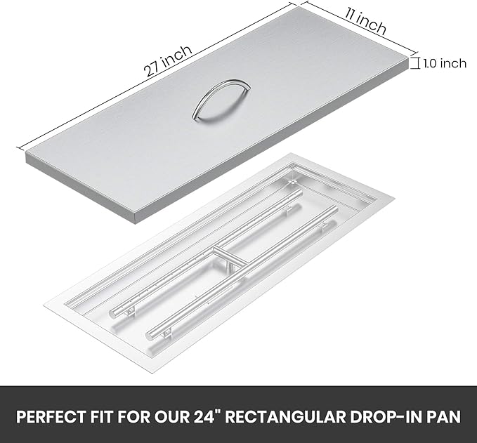 Stanbroil Fire Pit Burner Pan Cover 27" x 11", Fits 24 x 8 Inches Rectangular Drop-in Burner Pan, Stainless Steel