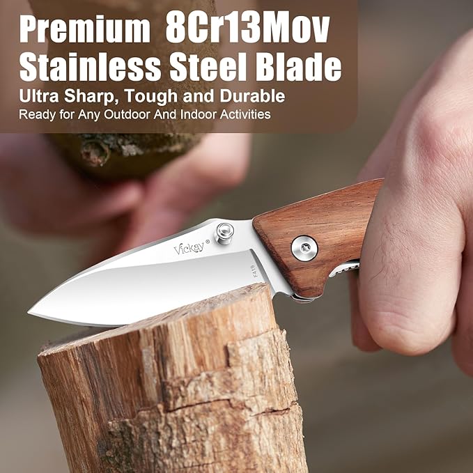 Vickay Pocket Knife, Folding Knife, 2.75" 8Cr13MoV Steel Blade, Wood Handle EDC Knife for Men & Women, Outdoor Camping, Tactical, Hunting, Hiking, Survival - Father’s Day Gift