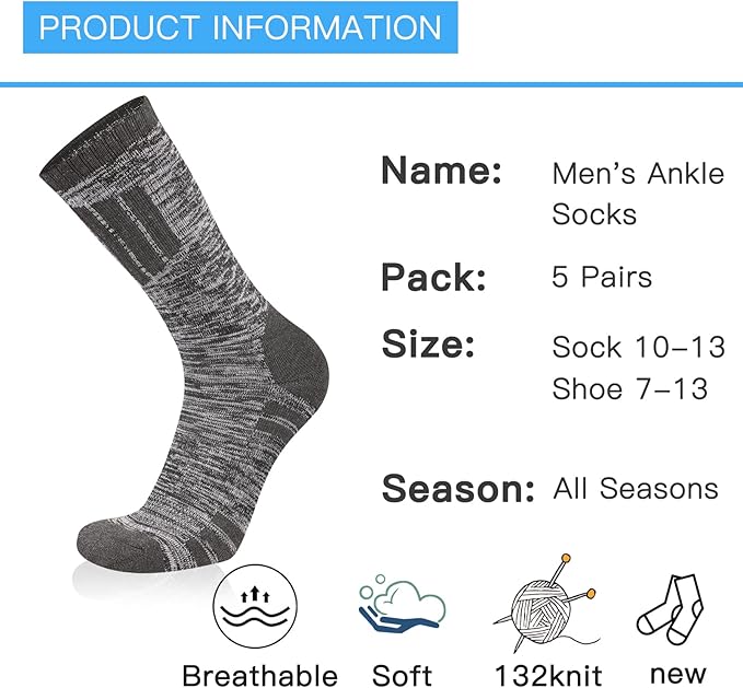 COOVAN Mens Hiking Crew Socks 5 Pairs Moisture Wicking Cushioned Athletic Boot Outdoor Socks
