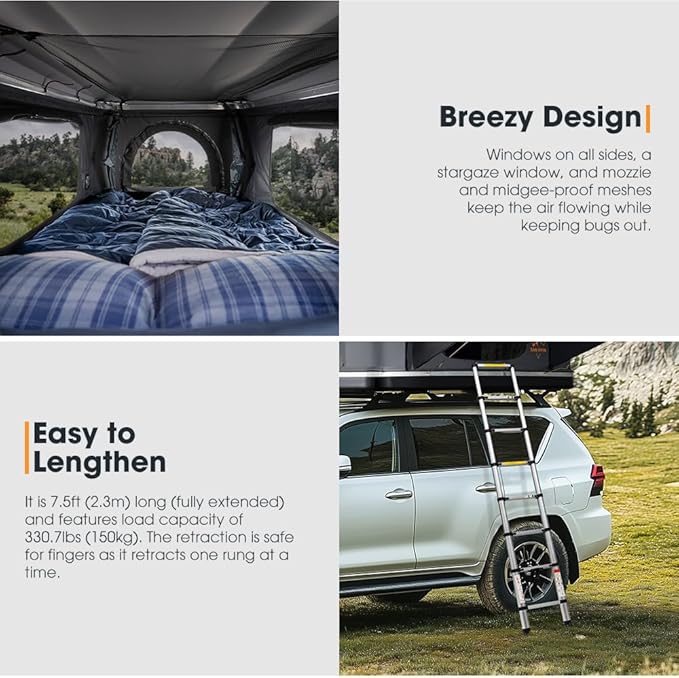 Sanhima Rooftop Tent Hard Shell - Jervis Loft Overland Aluminium ABS Roof Top Tent w/ 4 Sides Windows & AC Duct Hole for Car SUV Truck Camping, for 2-3 People