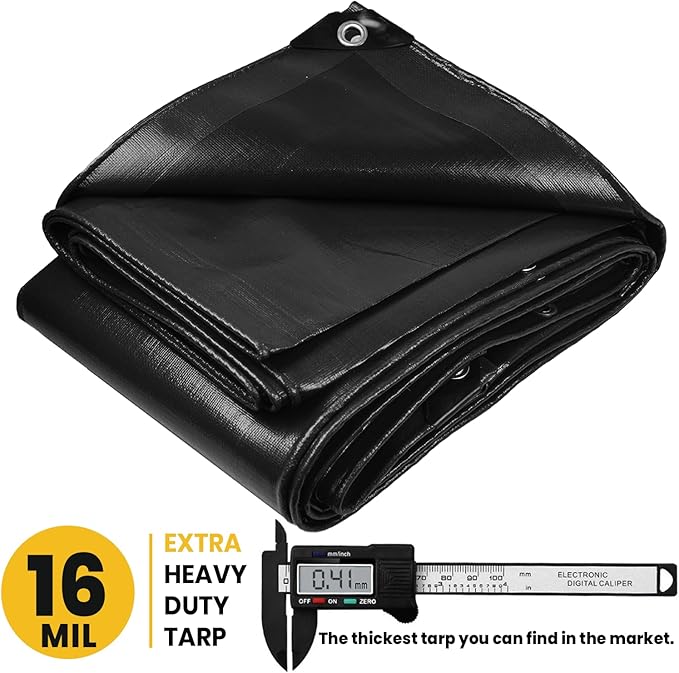 PROTARP Extra Heavy Duty 16 Mil Tarp Cover, Waterproof, UV Resistant, Rip and Tear Proof, Poly Tarpaulin with Reinforced Edges for Roof, Camping, Patio, Pool, Boat. (Black 12′ X 16′)
