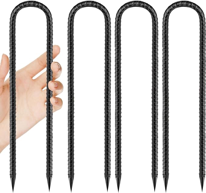 Rebar-Stakes-12-Inch, Ground Stakes Heavy Duty U-Hook Black Coated Anti-Rust Heavy Duty Ground Anchors for Garden Dog Fence Chicken Coop Christmas Decorations Deer Fence 4pcs