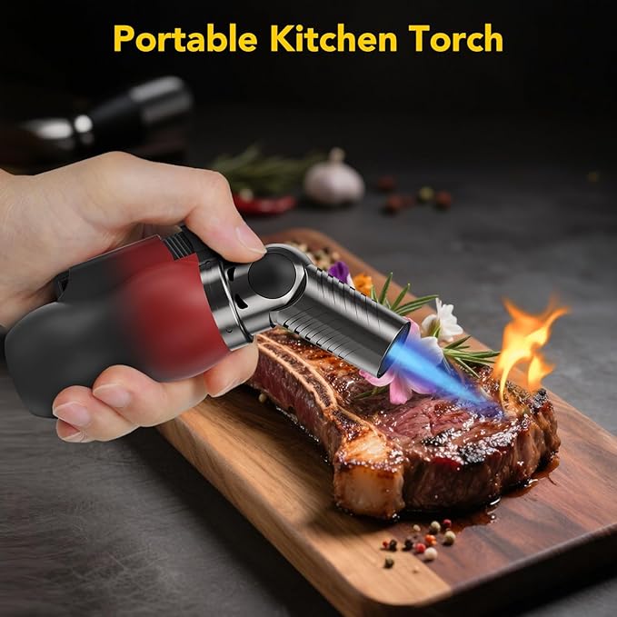 TBTeek Torch Lighter, Portable Kitchen Torch with 45° Rotatable Head and Adjustable Flame, Refillable Butane Torch Lighter for Soldering, Cooking, BBQ, Fireplaces, Red-Black (Gas Not Included)