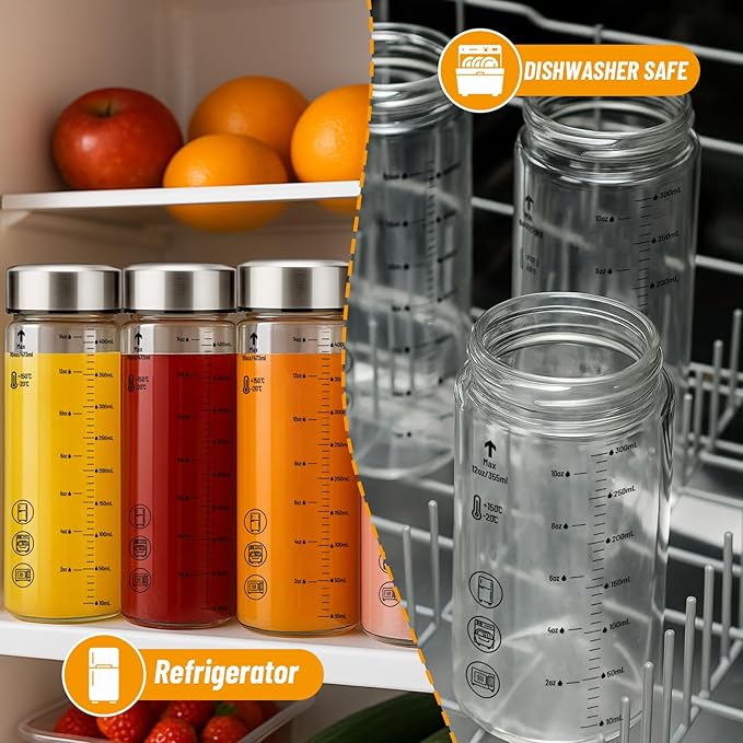 12oz Glass Water Bottles with Lids, 6 Pack Reusable Wide Mouth Juice Bottles with Stainless Steel Caps, Leakproof Borosilicate Glass for Juicing, Smoothies & Storage, BPA-Free,Dishwasher Safe