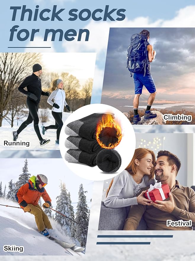 Senker Fashion Merino Wool Hiking Socks for Men, Warm Crew Socks W/Cushion Moisture Wicking for Trekking Work Outdoor