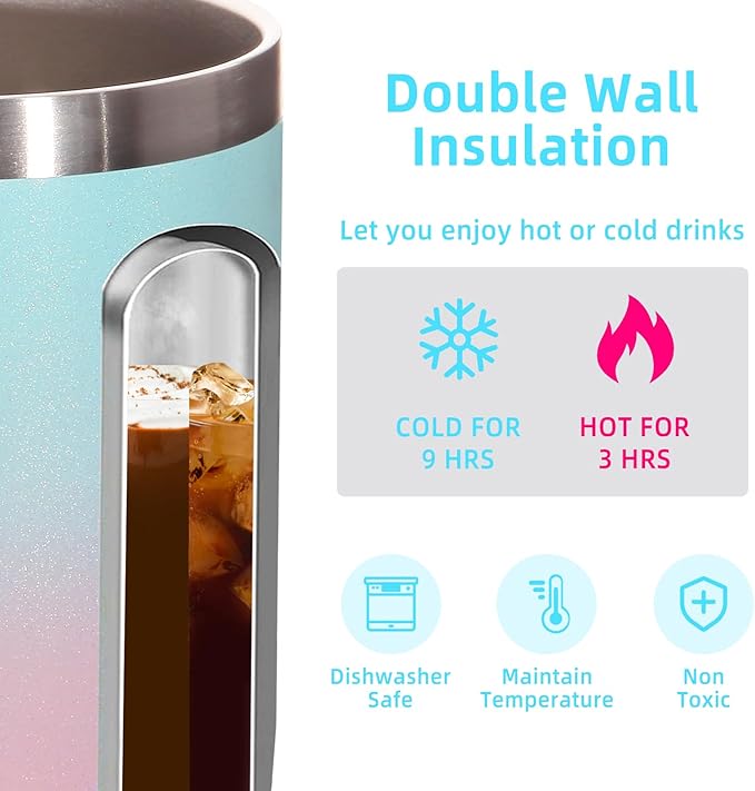 Volhoply 14oz Insulated Stainless Steel Coffee Mug with Lid Bulk 4 Pack,Double Wall Vacuum Travel Coffee Cup with Handle,Reusable Cups Tumbler,Camping Mugs Keep Hot,Ideal Gifts(Green Pink,4)
