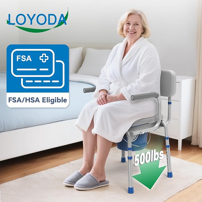 Drop Arm Bedside Commode, Commode with Padded Seat and Backrest, 500lbs Capacity, 5.81QT Removable Bucket, Adjustable Height Portable Toilet for Adults, Gray