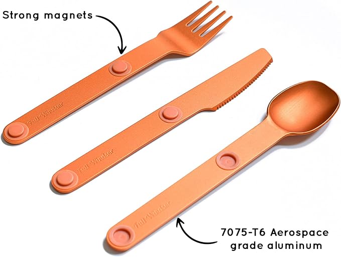 FULL WINDSOR - MAGWARE Magnetic Camping Cutlery Set - Travel Utensils for Camping, Cooking, and Outdoor Dining - Knife, Fork & Spoon - Portable Silverware with Pouch - Orange (3 PCS)