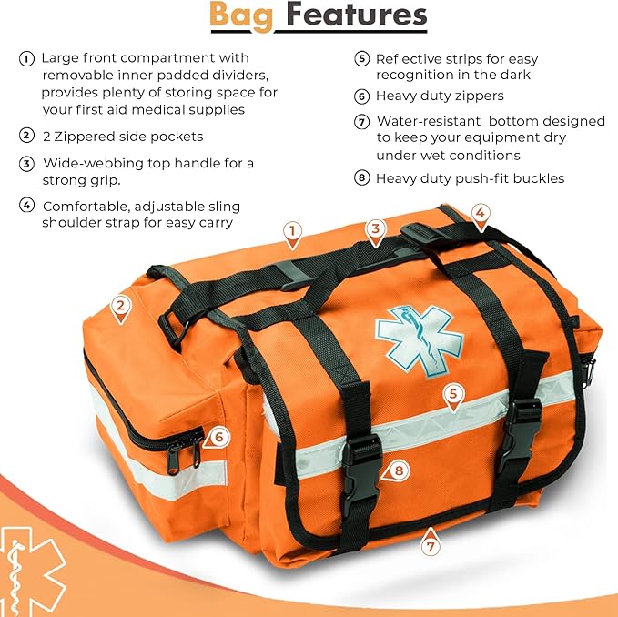 NOVAMEDIC Professional Empty Orange First Responder Bag, 17" x 9" x 7", EMT Trauma First Aid Carrier for Paramedics and Emergency Medical Supplies Kit, Lightweight and Durable