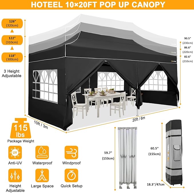HOTEEL 10x20 Heavy Duty Pop Up Canopy Tent with Sidewalls, Commercial Outdoor Canopy Tents for Parties Event Wedding with Roller Bag, Waterproof & UV 50+, Upgraded Thickened Hexagonal Legs, Black