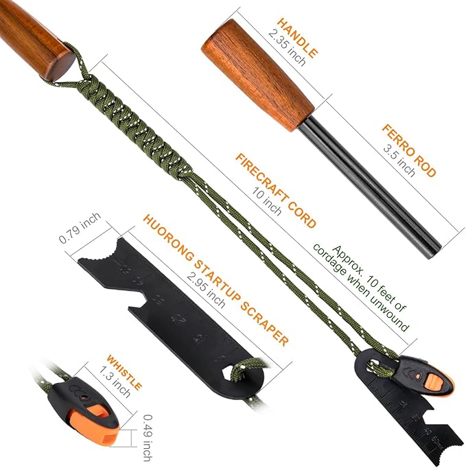 Fire Starter Survival Tool - Handmade Wooden Handle 3/8"" Thick Ferro Rod with Striker and Umbrella Rope Waterproof Iron Rod Flint and Steel Fire Starter Kit, Black