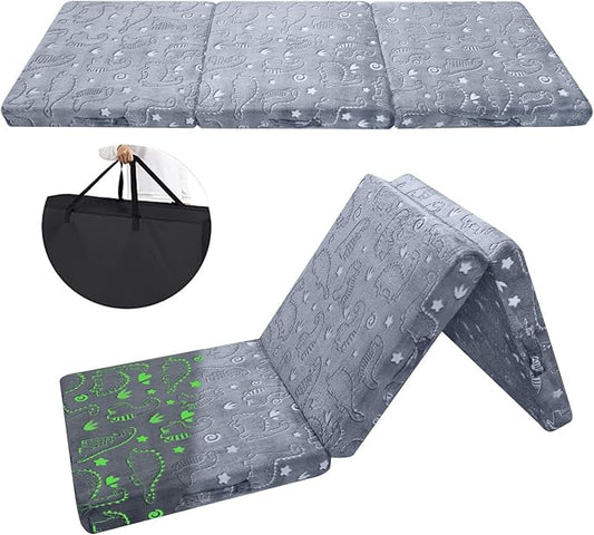 MeMoreCool Glow Dinosaur Foldable Floor Mattress for Kids, Trifold Nap Mat for Toddlers, Portable Daycare Sleeping Futon or Floor Bed, 75x25 Inch