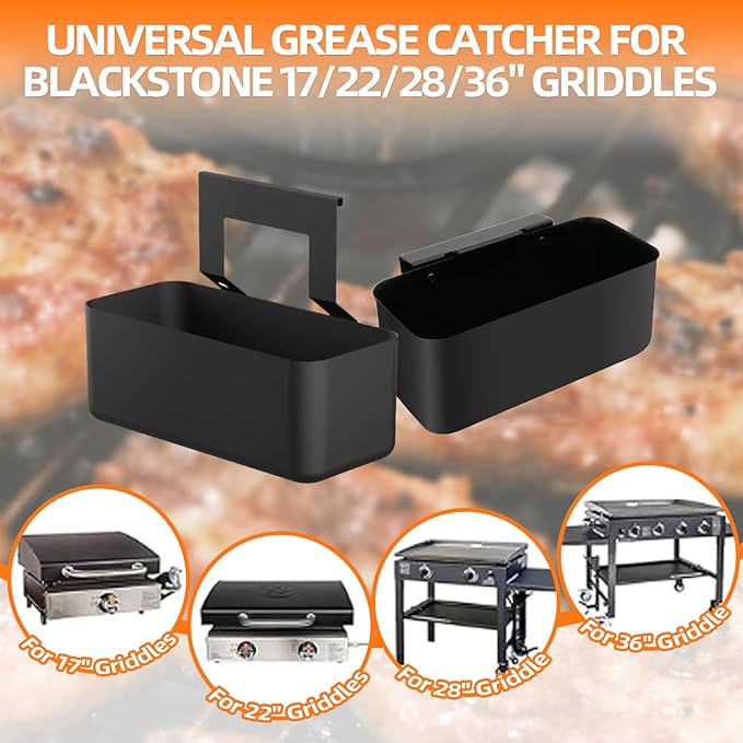 Blackstone Grease Catcher& Drip Tray Set - Universal Grease Catcher Compatible with Blackstone 17/22/28/36" Griddles - Includes 12 Pack Grease Cup Liners & Long/Narrow Hooks - Two Mounting Options