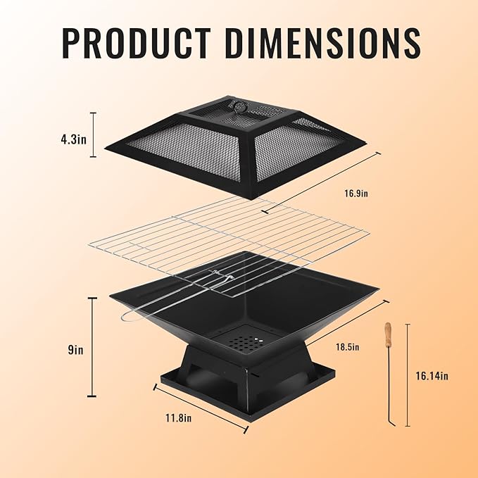 Small Fire Pit for Outside Wood Burning,Fire Bowls with Firproof Mat, Backyard Black Square Ourdoor Bonfire Pit with Waterproof Cover for Outside Patio Camping (Black, 22 INCH)