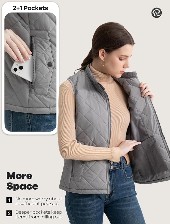 Women's Vest, Quilted Puffer Water-Resistant Zip With Pockets