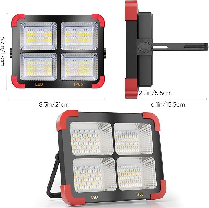 100W Solar LED Work Light - Ultra Bright Portable Flood Light with Stand IP66 Waterproof 5 Modes Rechargeable Lamp for Job Site, Camping, Fishing, Car Repair & Emergency