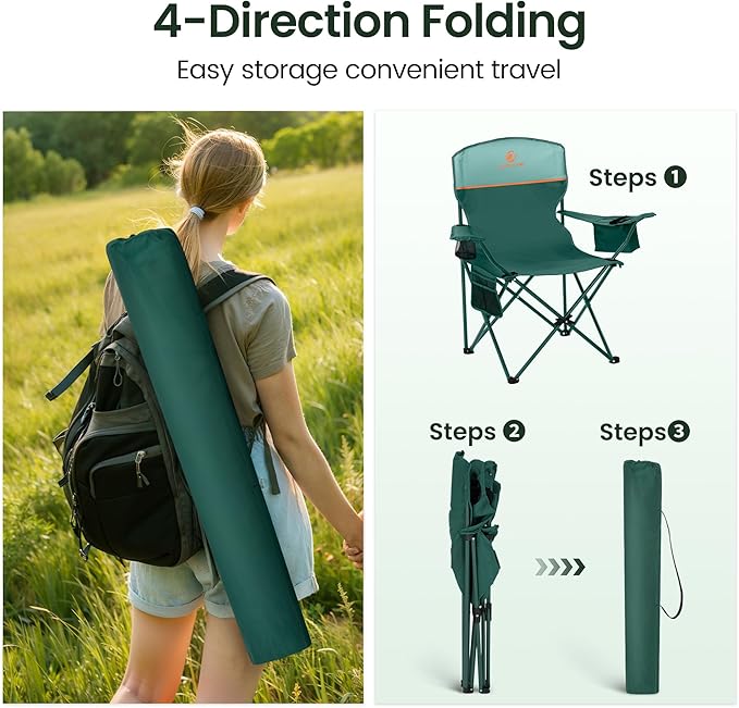 HIGH POINT SPORTS 2 Pack Portable Camping Chair for Adults, Folding Outdoor Camp Chair Lightweight Lawn Chairs Folding Collapsible Chair for Camping, Tailgates, Beach, Green, Support 225lbs