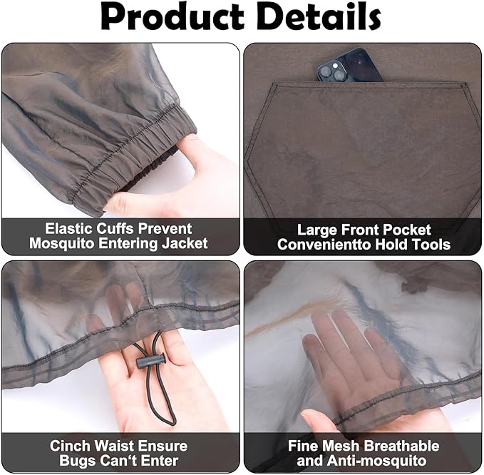 8 Pcs Large Mesh Mosquito Net Suit Bug Mesh Pants and Jackets with Hood Socks Mittens Full Body Insect Net Suit Mosquito Clothing for Adult Women Men Outdoor Gardening Fishing, L/XL