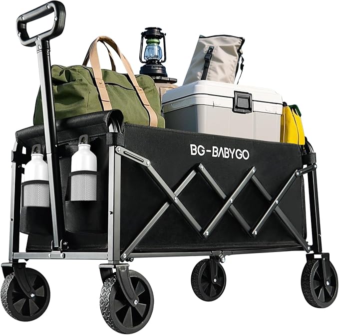 Collapsible Wagon Carts, Large Capacity Foldable Heavy Duty Garden Carts with Adjustable Handle, Utility Grocery Beach Wagon for Outdoor Camping, Shopping, Fishing and Sports - Black