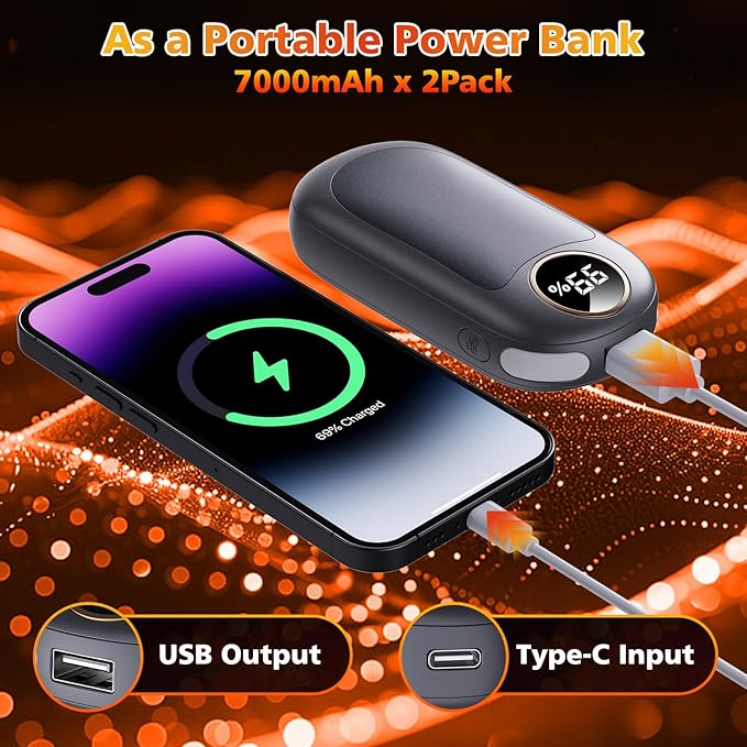 Hand Warmers Rechargeable 2 Pack, Dual Sided Electric Hand Warmer, 20Hrs Warmth, 8 Heating Mode, Portable Charging Pocket Heater for Men, Women, Raynauds, Camp, Hunting, Golf