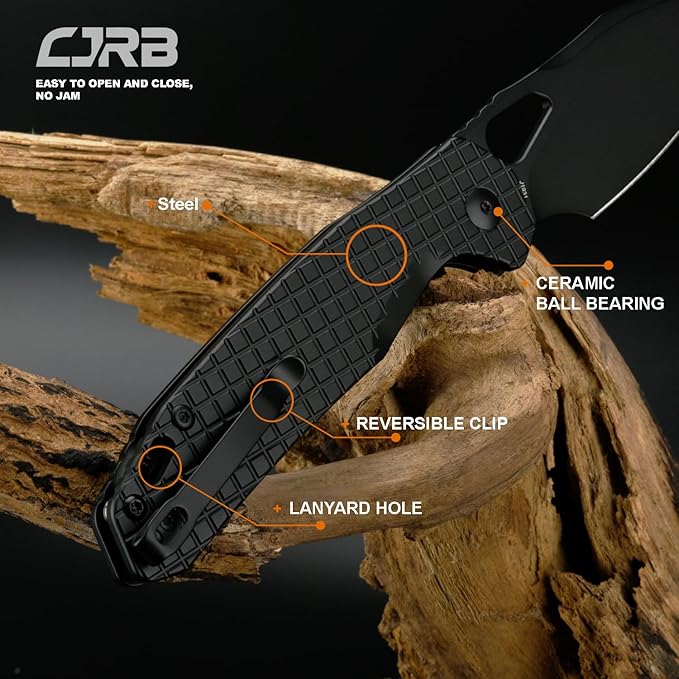 CJRB Frack Pocket Knife, 3.9" AR-RPM9 Steel Blade PVD Coating Frag Pattern Steel Handle EDC Knife, Button Lock Knife for Outdoor Camping Gift, Black (J1931)