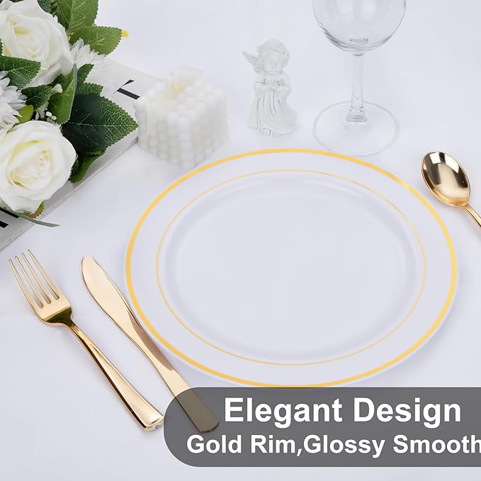 WELLIFE 72PCS Gold Plastic Plate, 10.25Inch Disposable Dinner Plate Party with Gold Rim, Heavy Duty Disposable Plastic Plates for Party, Wedding, Birthday.