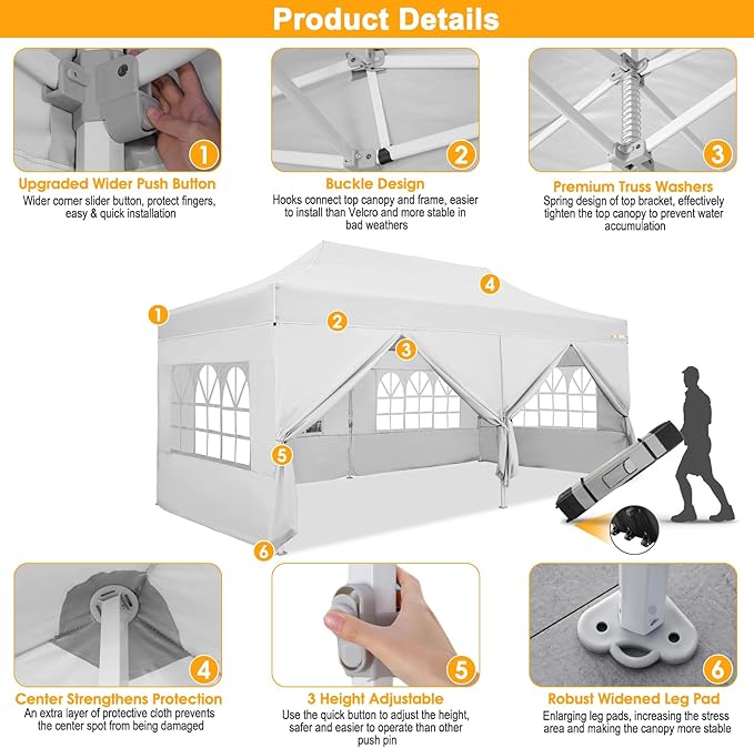 HOTEEL 10x20 Heavy Duty Pop Up Canopy Tent with Sidewalls, Commercial Outdoor Canopy Tents for Parties Event Wedding with Roller Bag, Waterproof & UV 50+, Upgraded Thickened Hexagonal Legs, White