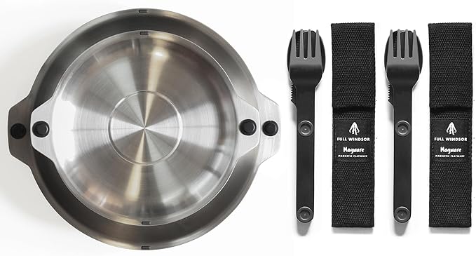 FULL WiNDSOR - MAGWARE - Magnetic Bowls and Plates (8PCS) & Magnetic Camping Cutlery Set (6PCS), Portable Knife, Fork & Spoon with Case, Travel Dinnerware & Silverware for Camping, Outdoor Backpacking