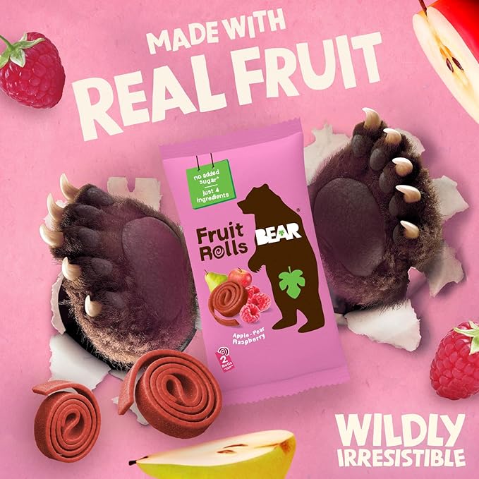 BEAR Real Fruit Snack Rolls - Gluten Free, Vegan, and Non-GMO - Raspberry – 36 Rolls, Healthy School And Lunch Snacks For Kids And Adults, 0.7 Ounce (Pack of 18)