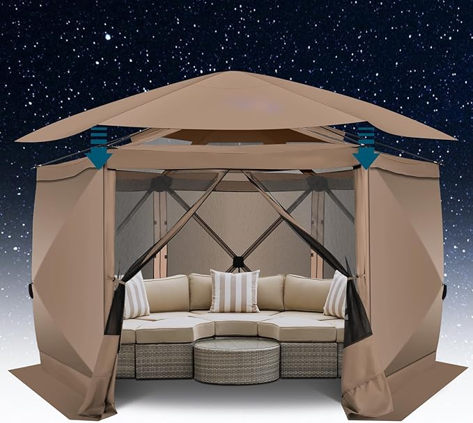 COBlZl 12x12 pop up Gazebo on Clearance Screen Canopy Tent for Camping,Outdoor Instant Stargazing Gazebo,Portable Hub Tent with Removable Sidewalls,Pavilion for Backyard,Khaki