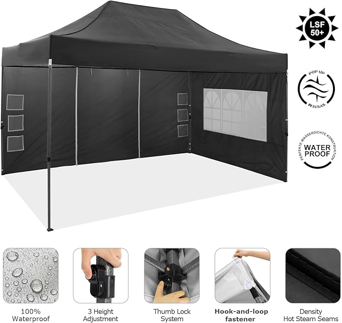 COBIZI 10x15 Pop Up Canopy with 4 Sidewall,Heavy Duty Canopy UPF 50+ All Season Wind Waterproof Commercial Outdoor Wedding Party Tents for Parties Gazebo with Carry Bag(10 x 15 ft Black)