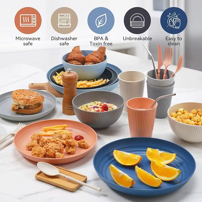 Wheat Straw Dinnerware Sets,56-Piece Plates and Bowls Sets for 8-Unbreakable,Reusable Plastic Dish Set-Dinner Plate/Cereal Bowl/Cup/Utensils-Microwavable Dishwasher Safe 56P-Deep Gray