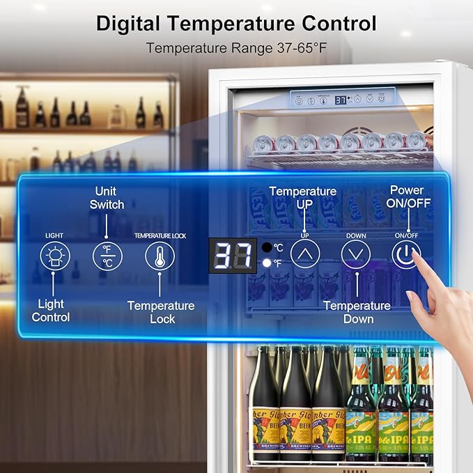 Commercial Display Refrigerator with Glass Door, Upright Beverage Cooler Merchandiser with Reversible Door, Drink Fridge with Door Lock for Restaurant Supermarket Convenience Store, 13.8 Cu.Ft