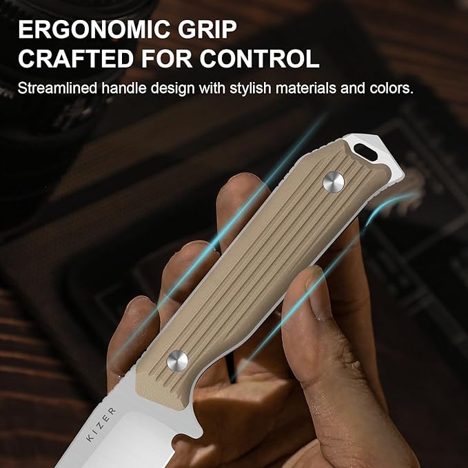 Kizer Begleiter Fix Fixed Blade Knife, 3.75" Sheepsfoot AEB-L Blade Hunting Knives with Kydex Sheath, Brown G10 Handle EDC Knife for Camping Hunting Survival 1045MS2