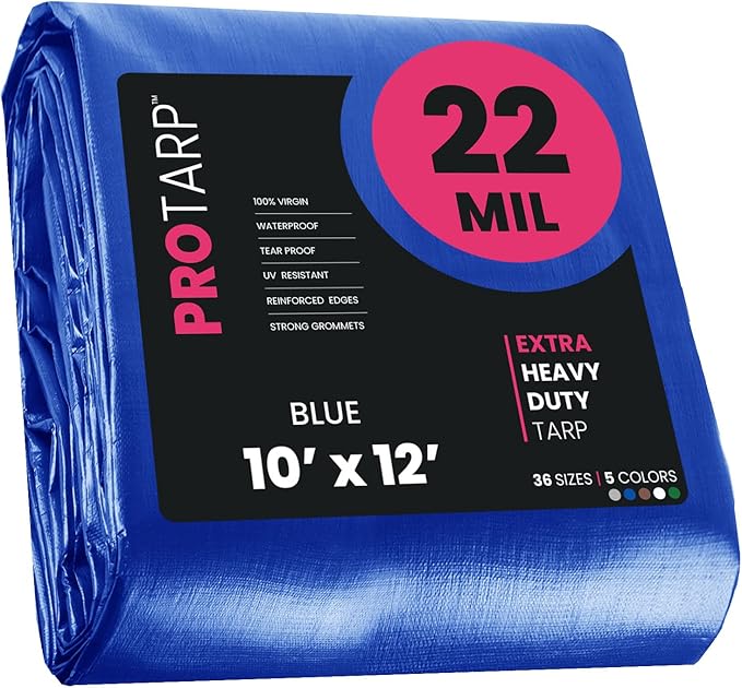 PROTARP Extreme Heavy Duty 22 Mil Tarp Cover, Waterproof, UV Resistant, Rip and Tear Proof, Poly Tarpaulin with Reinforced Edges for Roof, Camping, Patio, Pool, Boat. (Blue 10′ X 12′)