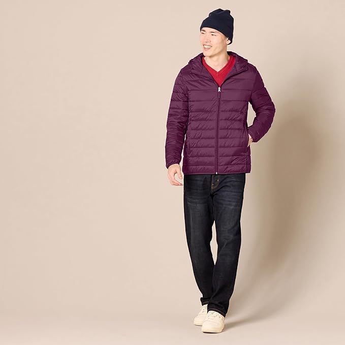 Amazon Essentials Men's Lightweight Water-Resistant Packable Hooded Puffer Jacket
