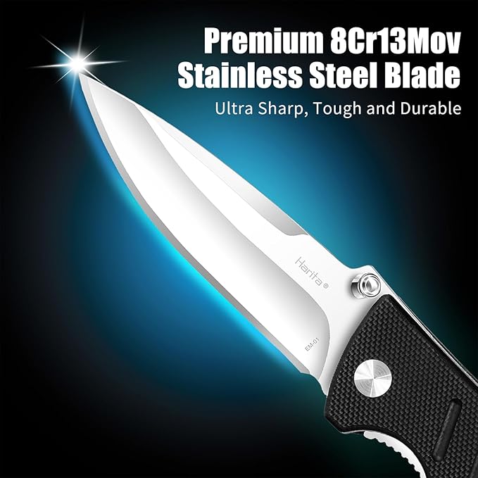 Harita Pocket Knife Folding EDC Knife with Belt Clip, 2.76 inch 8Cr13MoV Straight Edge Blade, G10 Handle, Foldable Knife for Camping Finshing Hunting Survival for Men Women Black