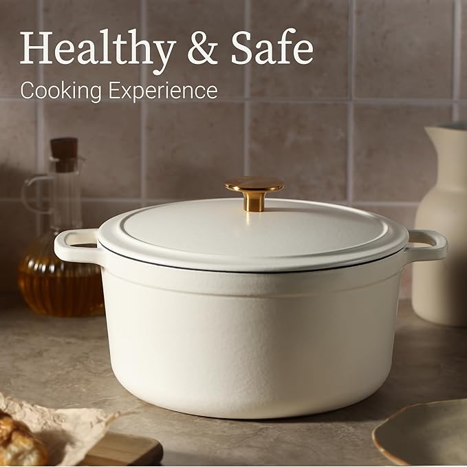 CAROTE Cast Iron Dutch Oven Pot with Lid, Enameled Dutch Oven for Sourdough Bread Baking, Dual Handles, Heavy-Duty Cast Iron Pot, 5QT, White