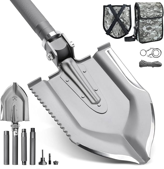 Zune Lotoo Survival Shovel Military Grade High Carbon Steel, 18 in 1 Multifunctional Folding Tactical Shovel Camping Gear for Men Outdoor Hiking Backpacking Off-Road Spade Emergency