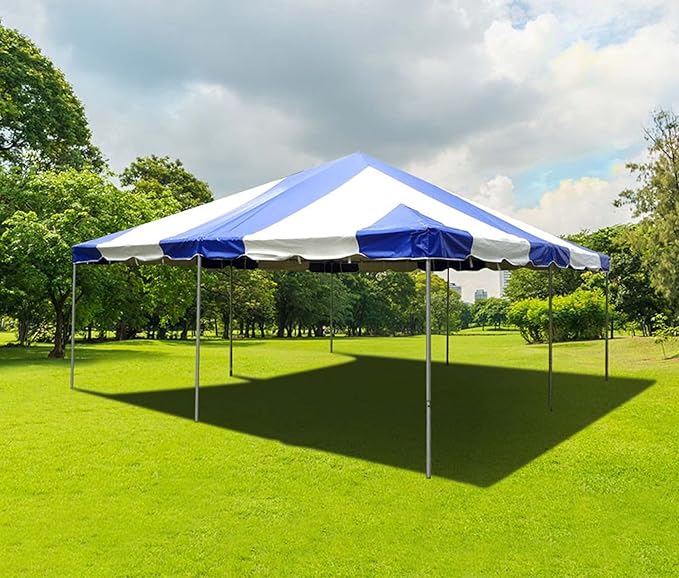 Party Tents Direct 20'x20' Weekender West Coast Tent Frame Party Tent (Blue/White) PVC Top with Storage Bag - Tents for Parties, Weddings, Birthdays, Banquets, Fiestas, Workshop, Outdoor Event