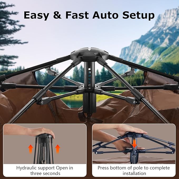 TUKAILAI Instant Camping Tent, Hexagonal Design Automatic Dome Tent with 4 Mesh Windows and 1 Door, Easy Setup Pop Up Tent with Vestibule & Rainfly