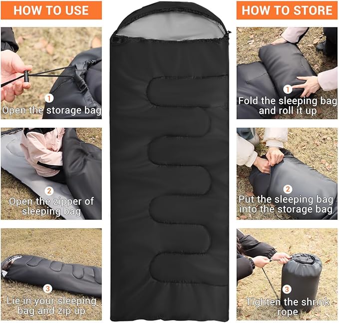 Sleeping Bags for Adults Backpacking Lightweight Waterproof- Cold Weather Sleeping Bag for Girls Boys Mens for Warm Camping Hiking Outdoor Travel Hunting with Compression Bags(Black