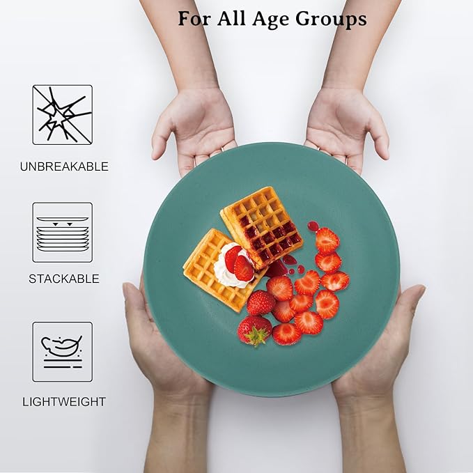 Wheat Straw Dinner Plates 9 Inch Unbreakable Set of 8 - Dishwasher & Microwave Safe Plastic Plates Reusable - Lightweight Plates for Kitchen,Camping,Apartment,Dorm,RV,Party - Colorful