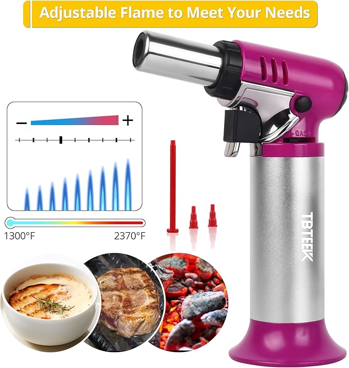 TBTEEK Butane Torch with Fuel Gauge T907, One-hand Operation Kitchen Torch Lighter with Adjustable Flame for BBQ, Baking, Brulee Creme, Crafts and Soldering(Butane Gas Not Included), Pink