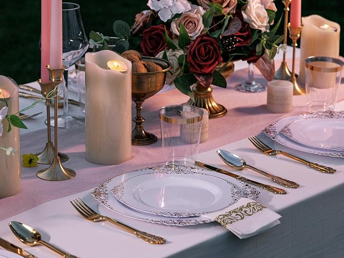 Nervure 350PCS Gold Plastic Dinnerware - White and Gold Disposable Plates for 50 Guests - 100 White Disposable Plates, 150 Plastic Silverware, 50 Cups, 50 Napkins for Wedding & Party & Thanksgiving