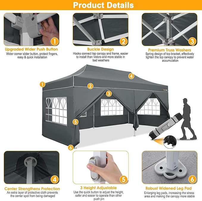 HOTEEL 10x20 Heavy Duty Pop Up Canopy Tent with Sidewalls, Commercial Outdoor Canopy Tents for Parties Event Wedding with Roller Bag, Waterproof & UV 50+, Upgraded Thickened Hexagonal Legs, Gray
