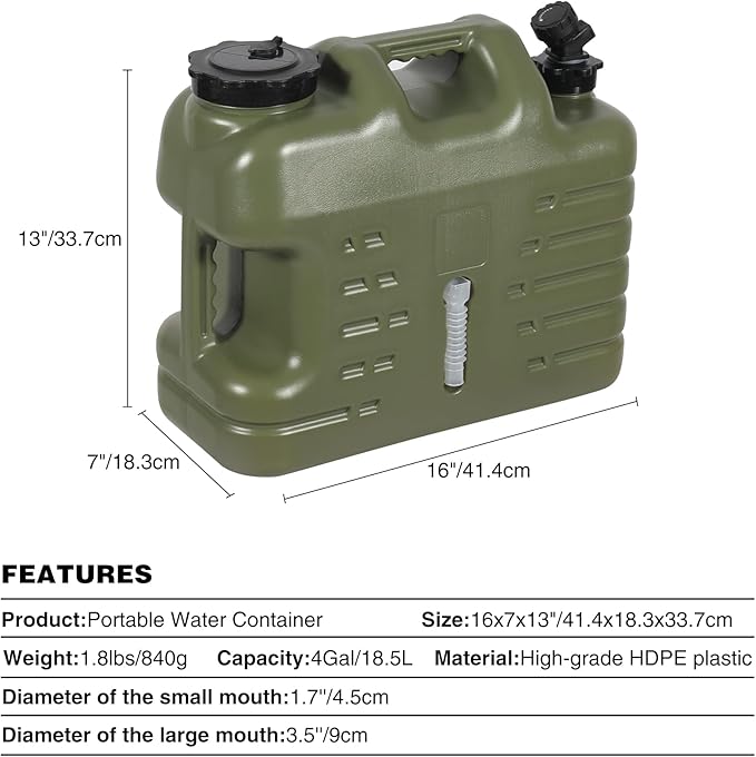 RedSwing 4 Gallon/18.5L Thickened Portable Water Container with Spigot, Water Storage Carrier for Camping Outdoor Hiking, BPA Free,Green