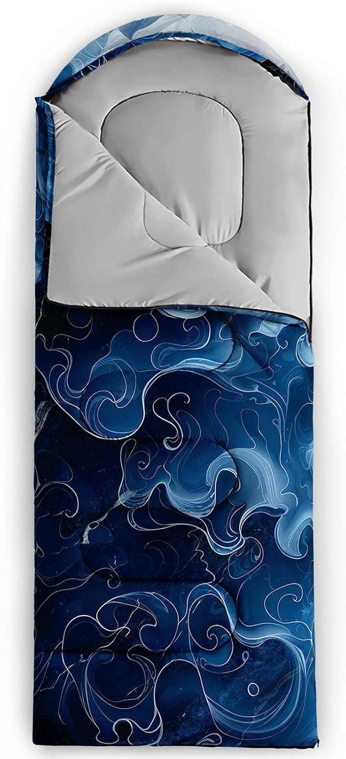 Kids Sleeping Bag for Boys Girls,Blue Ripples Print-Lightweight Warm Portable Outdoor Indoor-Waterproof Cold Weather Resistant Sleeping Bag for Camping Hiking